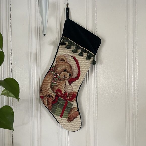 Green Velvet Back Wool Cross Stitch Christmas Stocking Teddy bear Big Plaid Bow - Picture 1 of 5